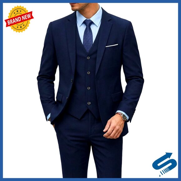 3-Piece Slim Fit Suit Set with Tie Blazer Vest Pants for Business Wedding